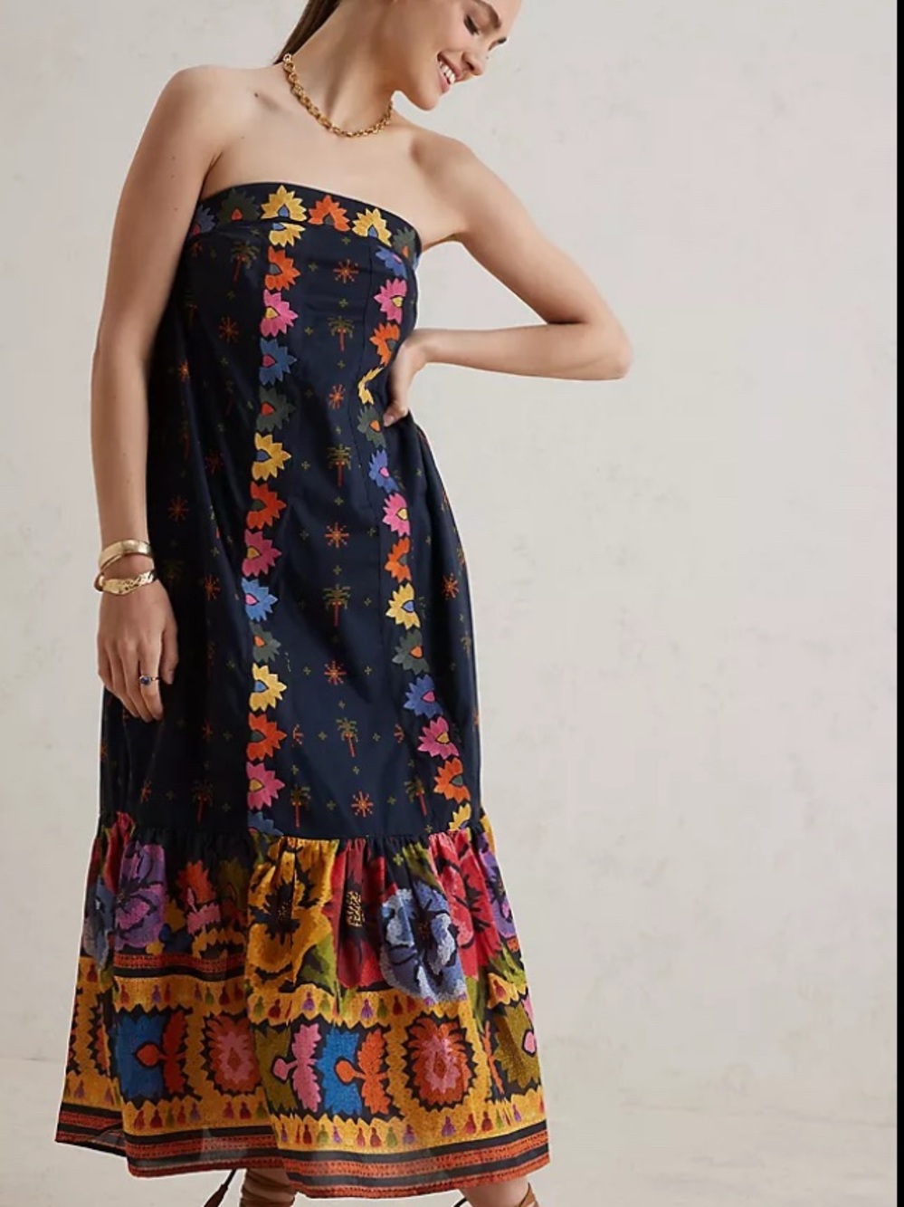 Anthropology FARM Rio Strapless Navy Maxi Dress with Bright Floral Border